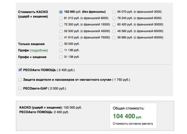 Результат расчета стоимости КАСКО на официальном сайте РЕСО-Гарантия